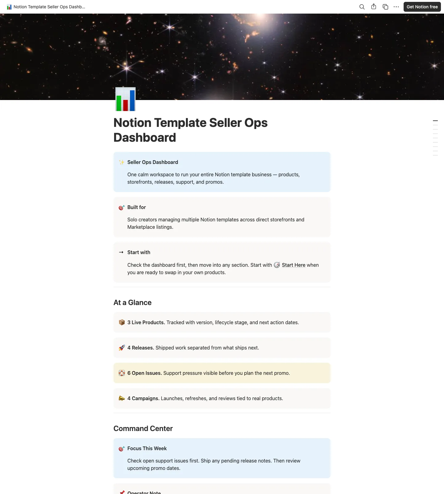 Preview of the Notion Template Seller Ops Dashboard