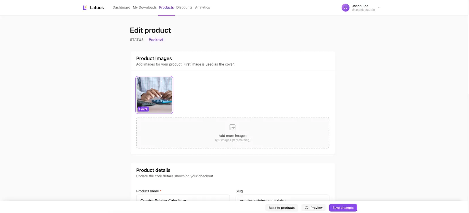 Latuos product editor for uploading a digital file with product image, name, and checkout URL