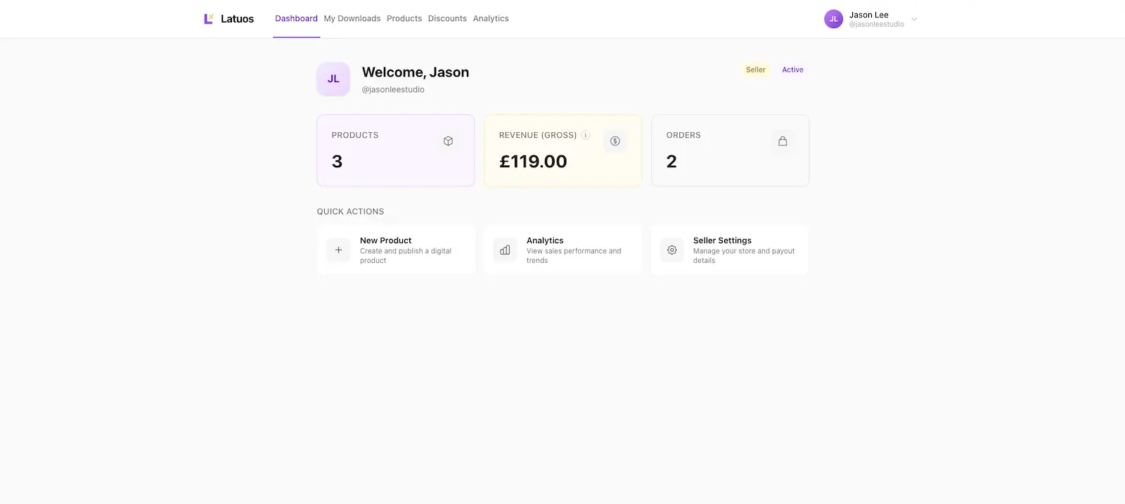 Latuos analytics showing gross revenue, net revenue, Latuos platform fees, and Stripe processing fees